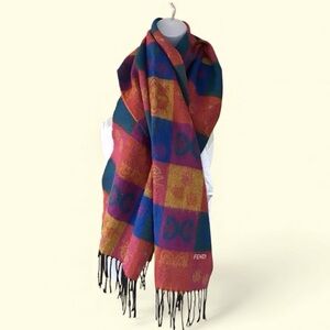 EUC Vintage Fendi Fringe Trim Multicolor Acrylic Block Geometric Design Scarf